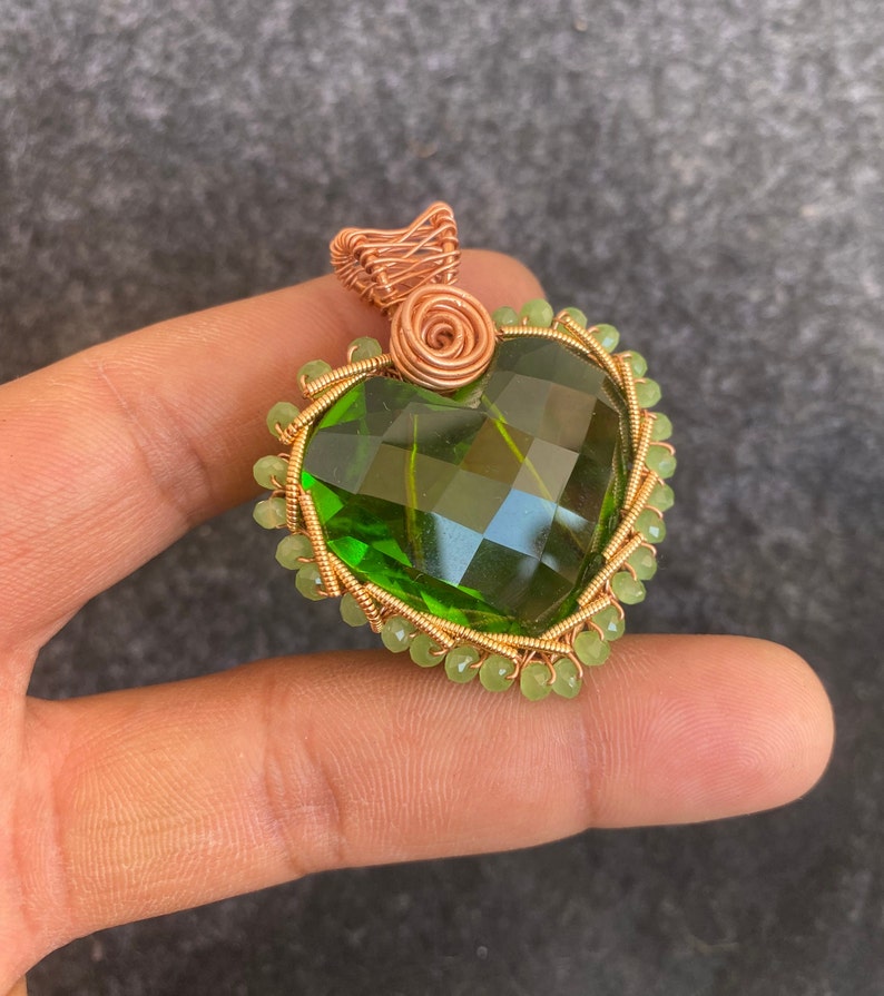 Green Glass Heart Copper Pendant Copper Wire Wrapped Pendant Etsy