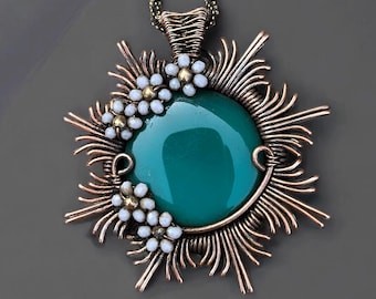 Green Onyx Copper Wire Wrapped Pendant Necklace: Handmade Amulet
