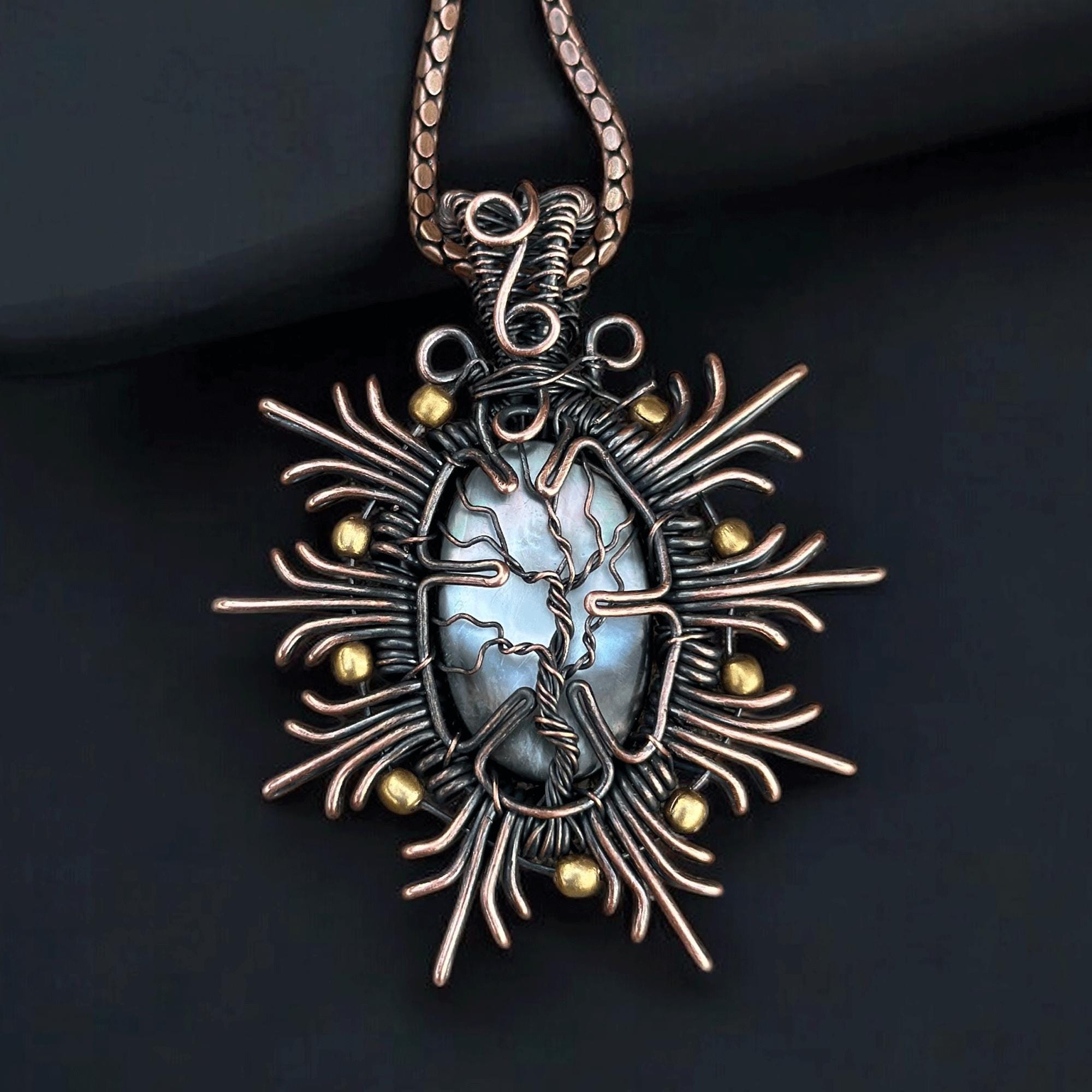 Copper Wire Wrapped Mother of Pearl Pendant: Tree of Life Design