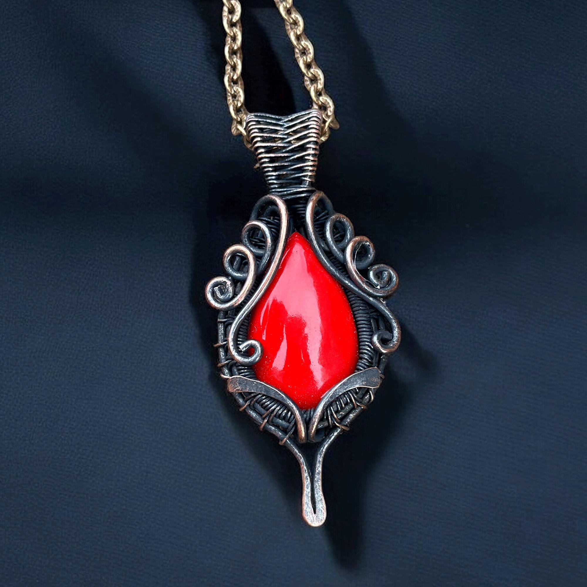 Red Jasper Copper Wire Wrapped Pendant Necklace: Handmade Copper