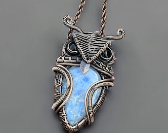 Rainbow Moonstone Owl Pendant: Handmade Copper Wire Wrapped Jewelry