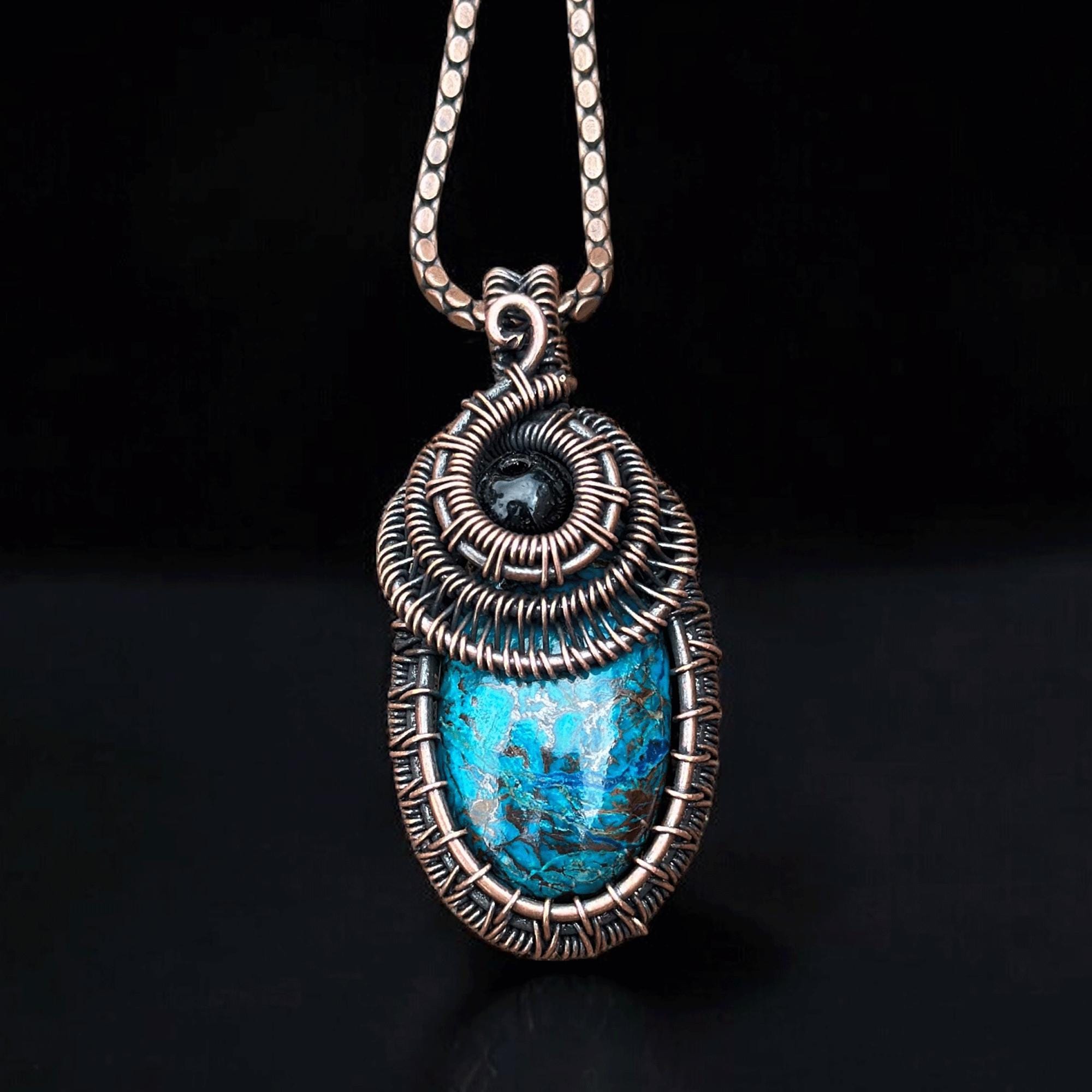 Azurite Malachite Copper Wire Wrapped Pendant: Handmade Gemstone
