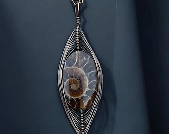 Handgefertigter Ammonit Fossil Anhänger | Kupferdraht gewickelt Halskette | Natürliche Fossilien Schmuck