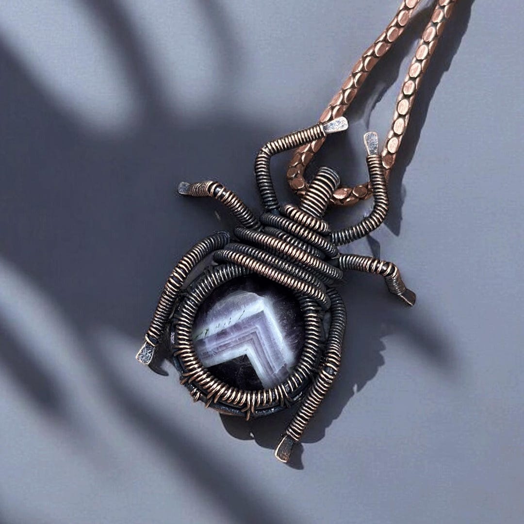 Amethyst Copper Spider Pendant: Wire Wrapped Gemstone, Oxidized - Etsy
