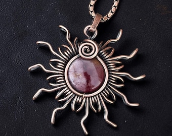 Mookite Copper Wire Wrapped Pendant: Rose Quartz & Crystal sun pendent