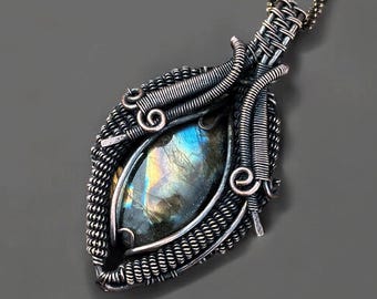 Handmade Labradorite Copper Pendant: Wire Wrapped Birthstone Jewelry