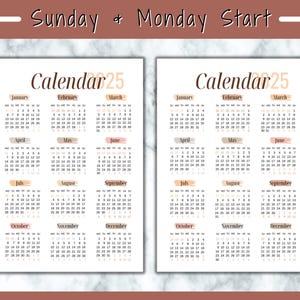 2025 Year at A Glance Calendar Printable Sunday & Monday Start A3, A4 ...