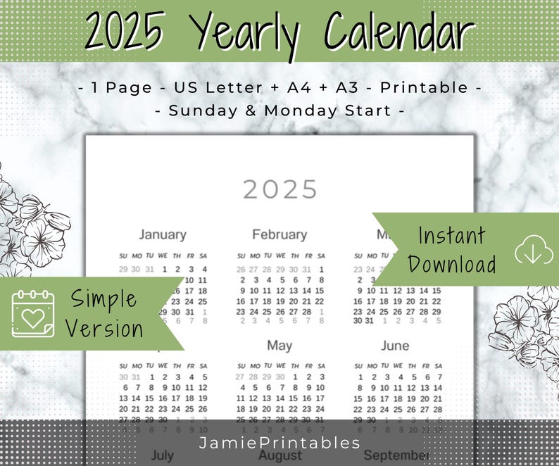 2025 Vertical Calendar Printable Minimalist Yearly Calendar Template ...
