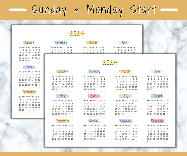 2024 Yearly Calendar Landscape, Printable Calendar Template, Rainbow