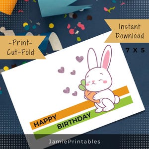 Tarjeta de cumpleaños 7X5 imprimible con conejito feliz y tarjeta de felicitación de zanahoria, tarjeta digital de feliz cumpleaños, diseño de cumpleaños imprimible Usahana.