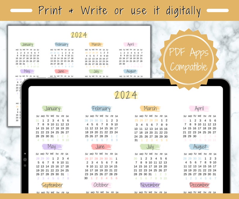 2024 Yearly Calendar Landscape, Printable Calendar Template, Rainbow