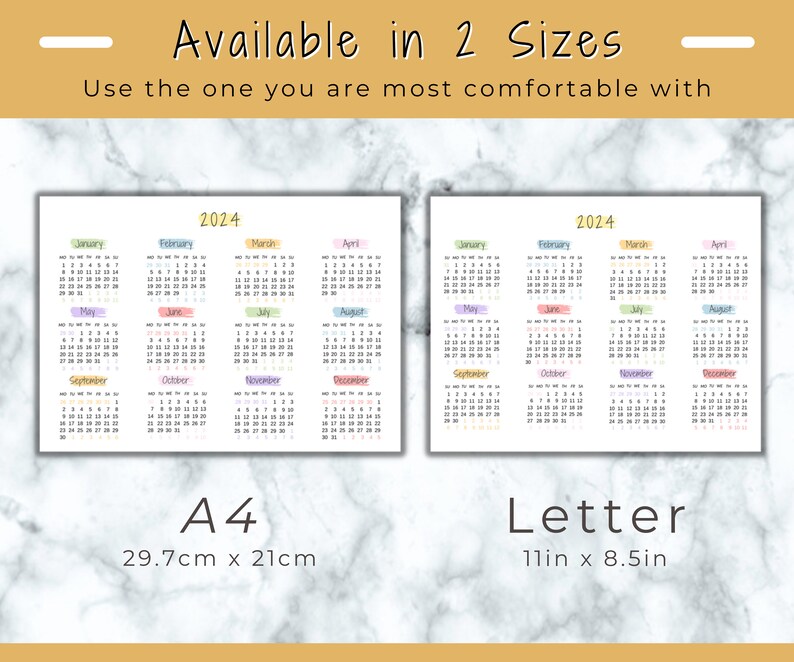 2024 Yearly Calendar Landscape, Printable Calendar Template, Rainbow