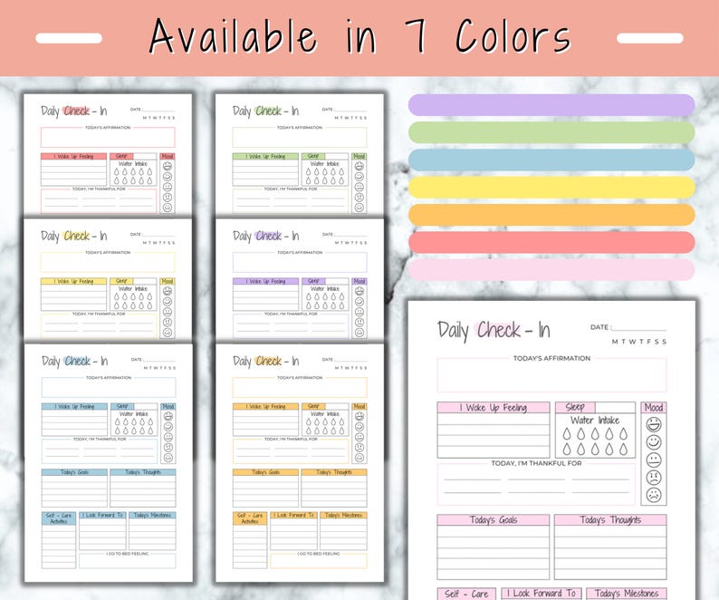 Daily Check in Journal Printable Rainbow Template, Wellness Journal ...
