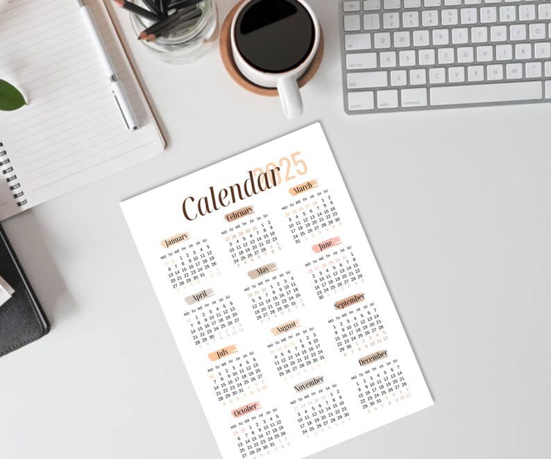 2025 Year at A Glance Calendar Printable Sunday & Monday Start A3, A4 ...