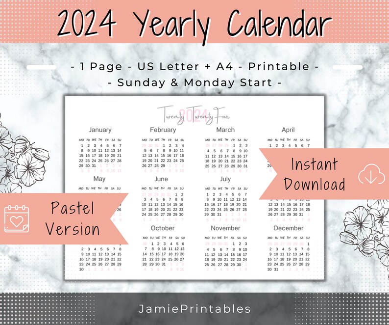 2024 Yearly Calendar Landscape Printable Calendar Template Etsy