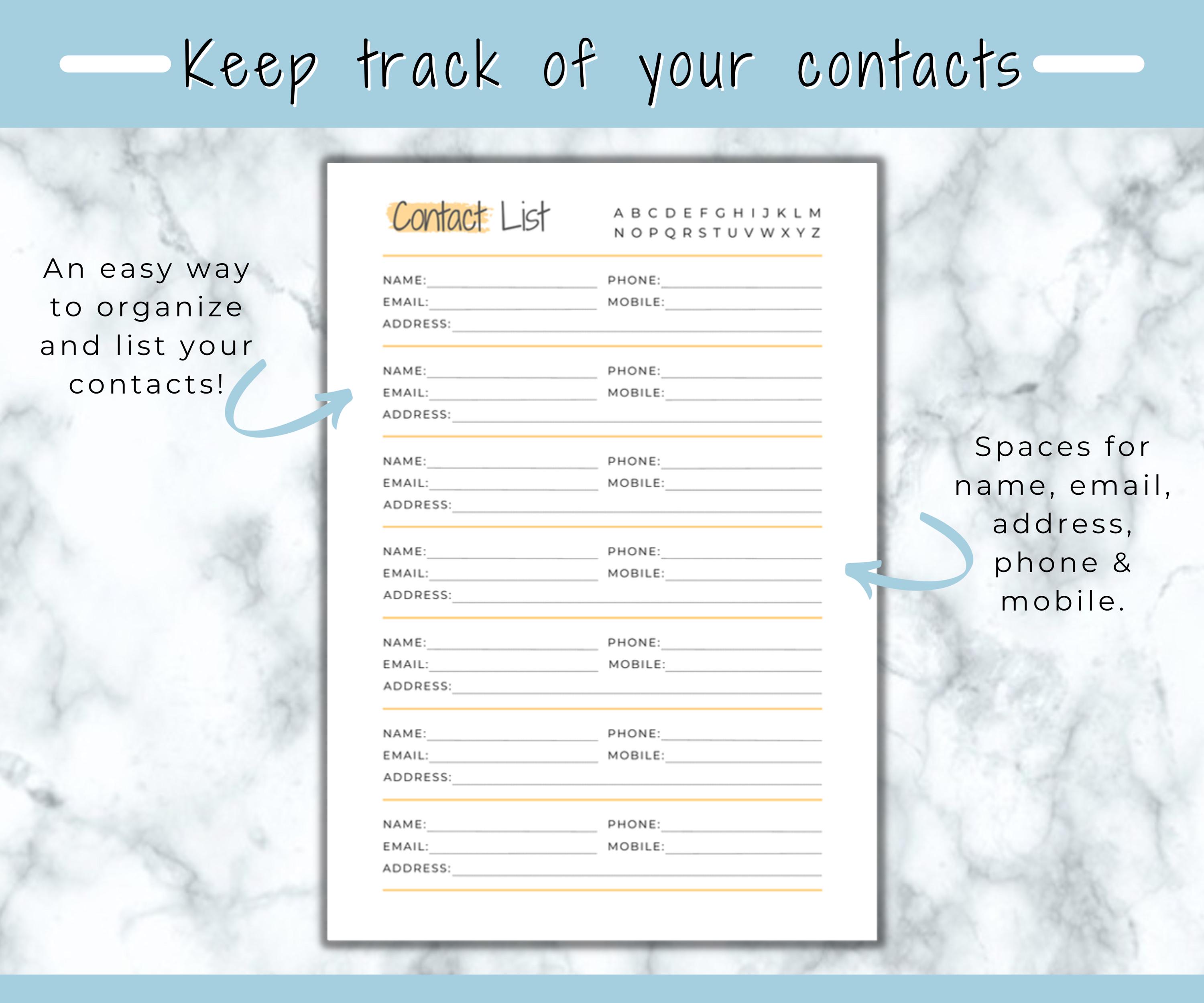Contact List Printable Agenda Inserts Address Book Template Contact ...