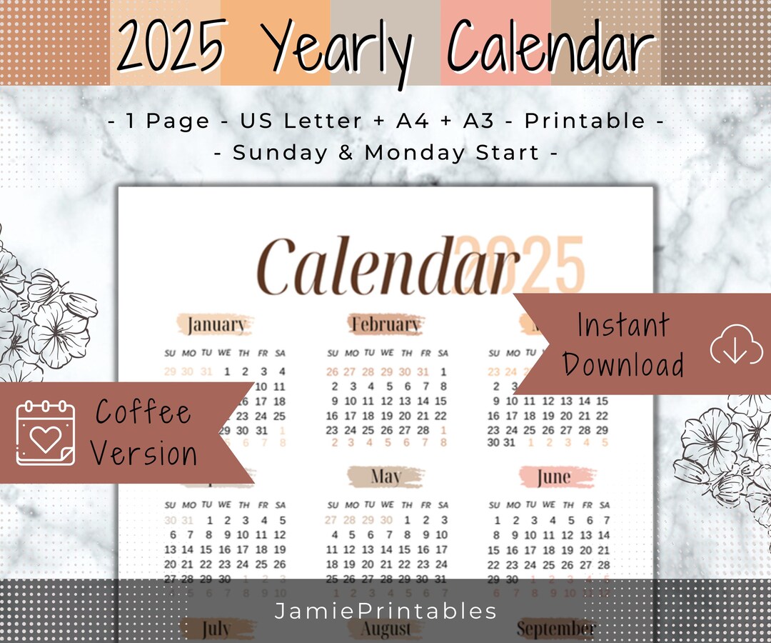 2025 Year at A Glance Calendar Printable Sunday & Monday Start A3, A4