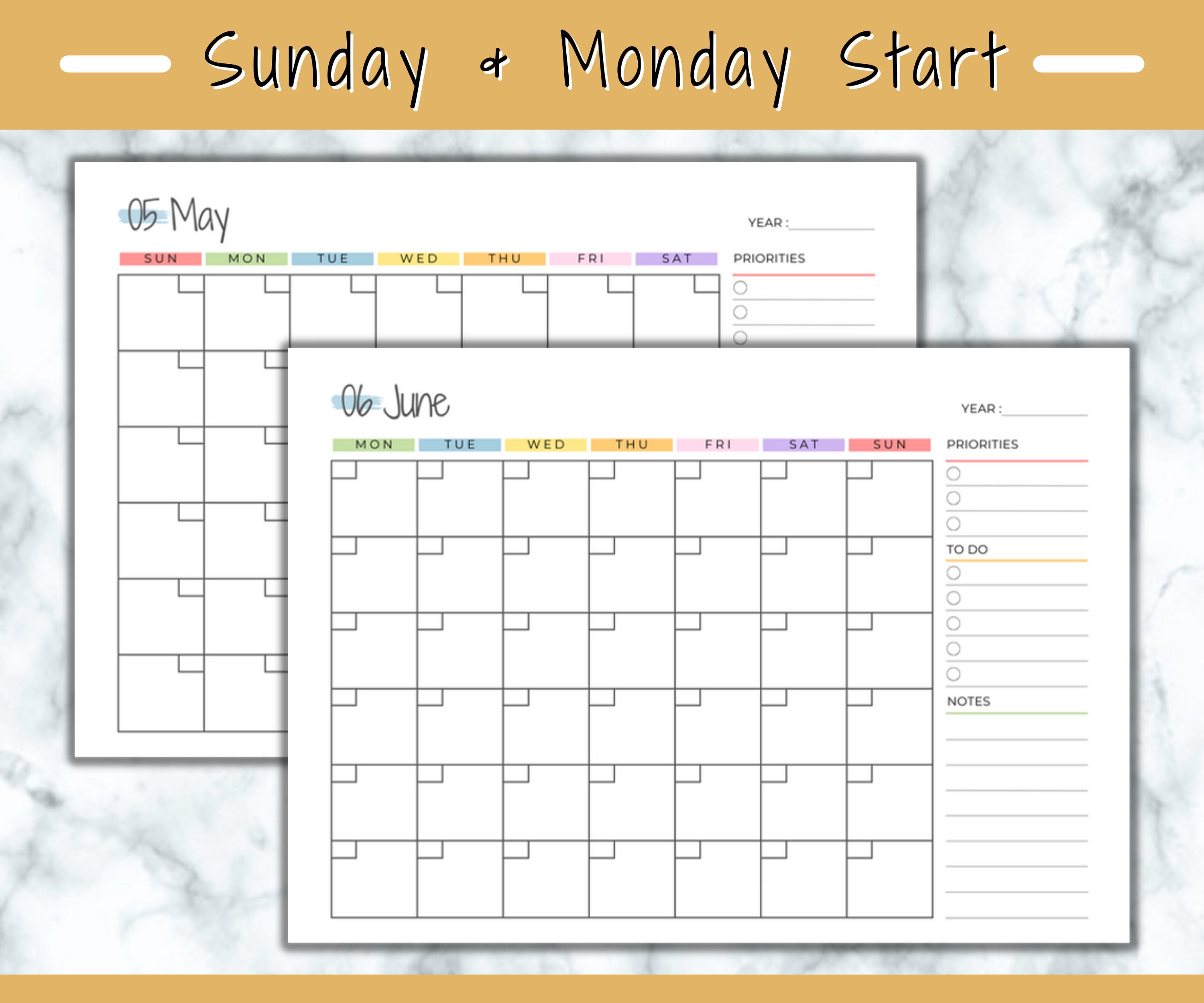 Blank Monthly Calendar Landscape, Printable Calendar Template, Rainbow