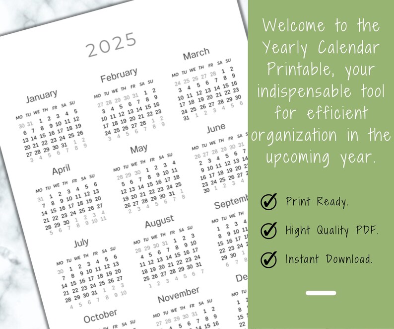2025 Vertical Calendar Printable Minimalist Yearly Calendar Template, Year at A Glance, Yearly
