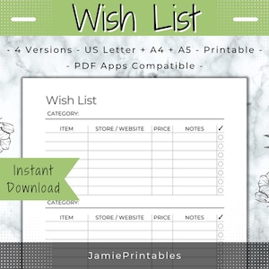 Wish List Printable Wish List Template, Shopping Wish List Tracker, Holiday Wishlist Planner, Birthday Wishlist, Gifts For Me Wishlist Sheet