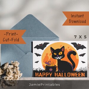 Halloween-kaart Afdrukbare wenskaart 5 x 7 met kat en vleermuis DIY kerstkaart Eenvoudig af te drukken en te personaliseren voor angstaanjagende wensen Digitale kaart