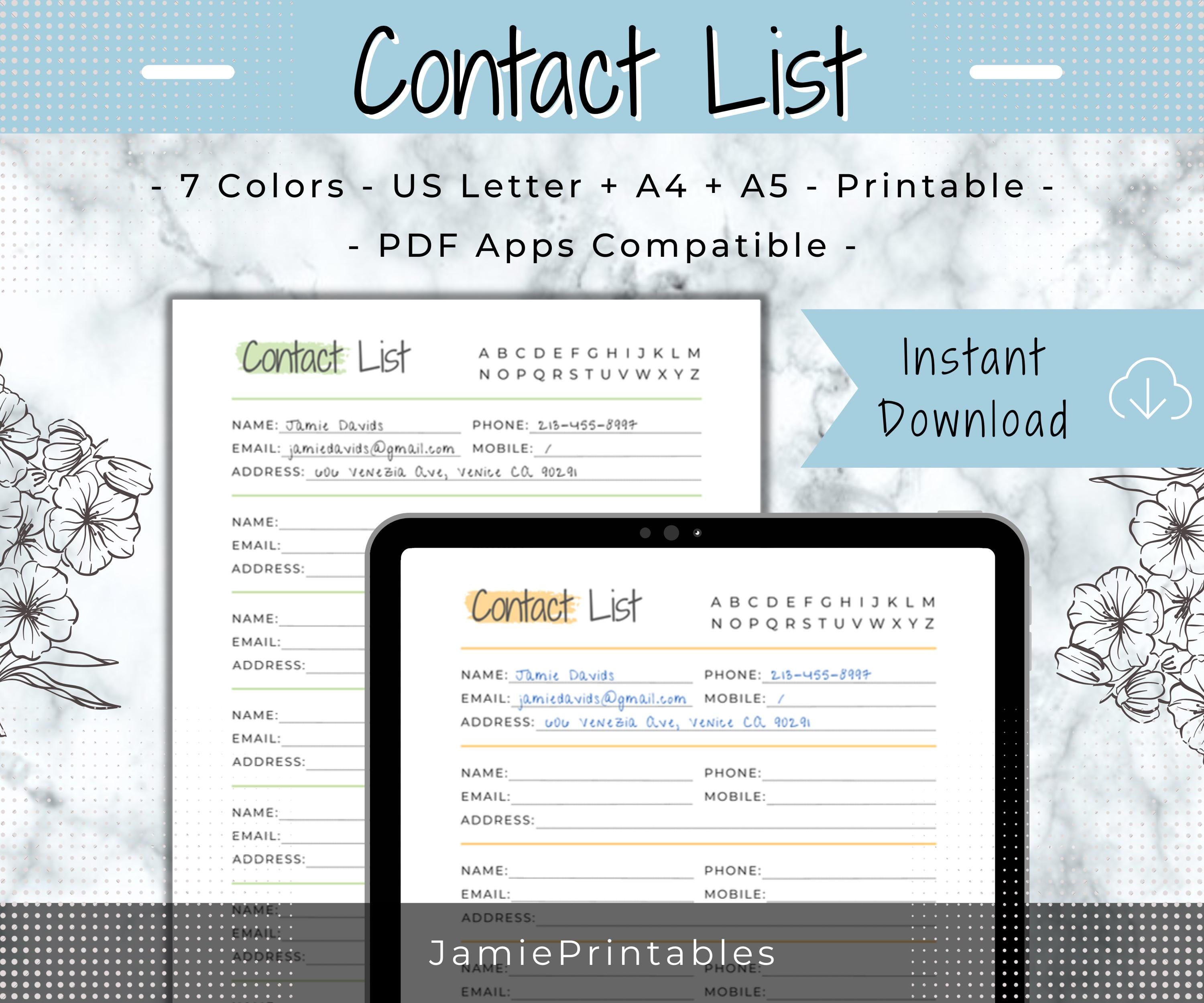 Contact List Printable Agenda Inserts Address Book Template Contact ...