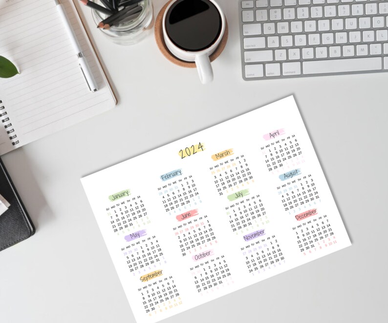 2024 Yearly Calendar Landscape, Printable Calendar Template, Rainbow