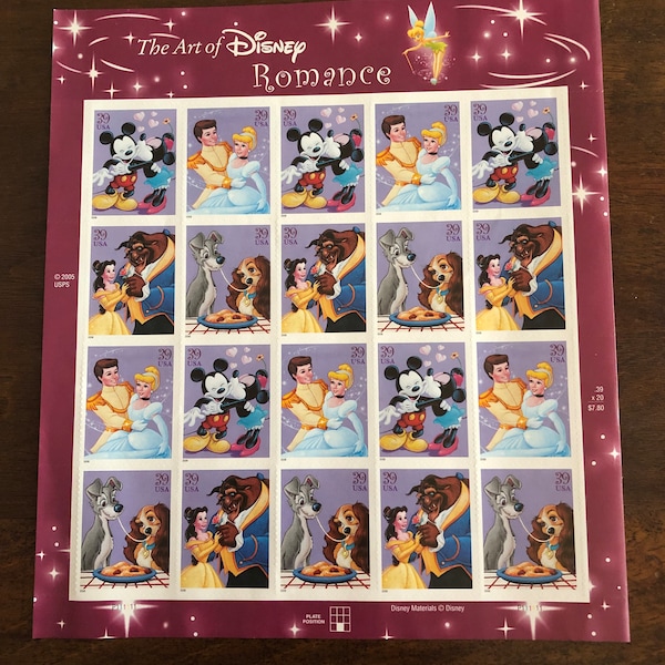 The Art of Disney Romance Mint Condition Complete Pane 39 Cent Stamps 2006: Mickey & Minnie, Cinderella Prince Charming, Beauty and Beast