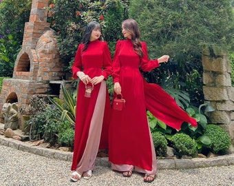 Handmade Red Ao Dai Traditional Vietnamese Dress for Women - For Christmas, Wedding, Tết Holidays, Lunar New Year: Gift for Mom, Daughter...
