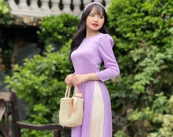 Handmade Lilac Ao Dai Traditional Vietnamese Dress For Christmas Season, Wedding, Tết Holidays, Lunar New Year: Gift for Mom, Daughter…