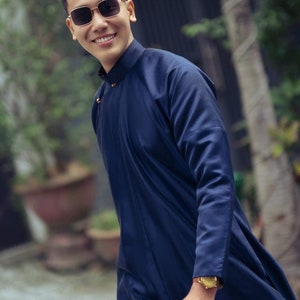 Vietnamese Ao Dai/Việt Phục for Men Handmade Navy Custom Ao Dai no pants For Christmas, Tết, Wedding, Lunar New Year: Gift for Dad, Son image 4