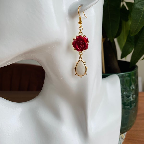 White Moonstone and Red Rose golden earrings perfect for weddings, gifts for her