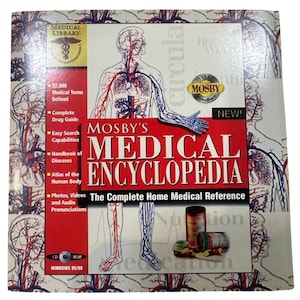 May include: A Mosby's Medical Encyclopedia book with the text "The Complete Home Medical Reference." The cover features illustrations of the human body's circulatory system and internal organs. Includes a CD-ROM for Windows 95/98.