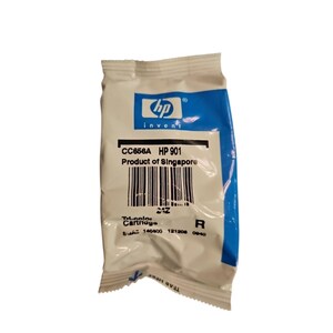 May include: A white and blue HP ink cartridge package. The package has the HP logo and the text "CC656A HP 901 Product of Singapore". The package also has a barcode and the text "Tri-color Cartridge".