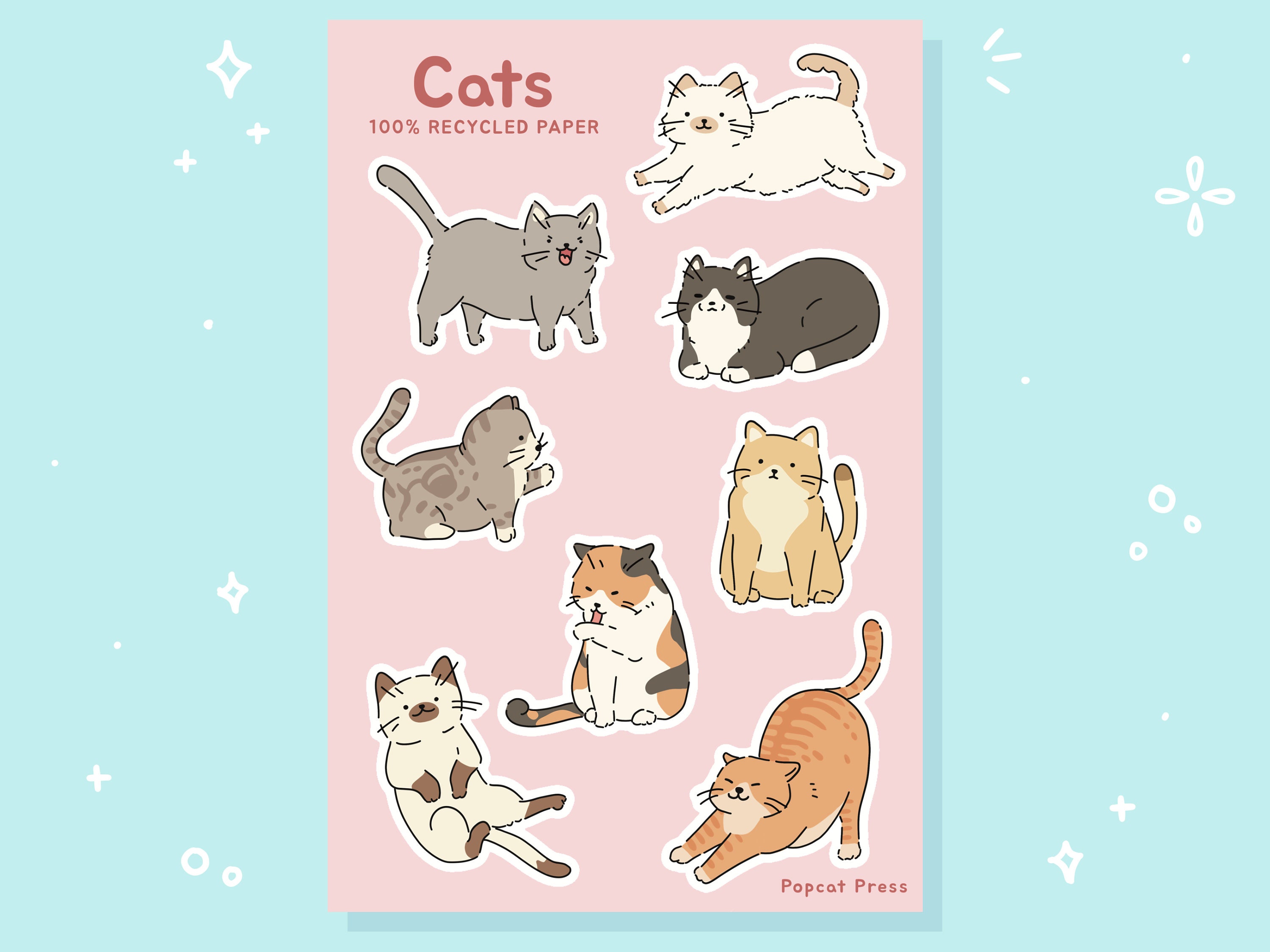 Pop Cat Sticker Sheet Cute Cat Meme Funny Stationery Eco 