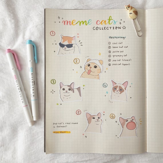 Pop Cat Sticker Sheet Cute Cat Meme Funny Stationery Eco 