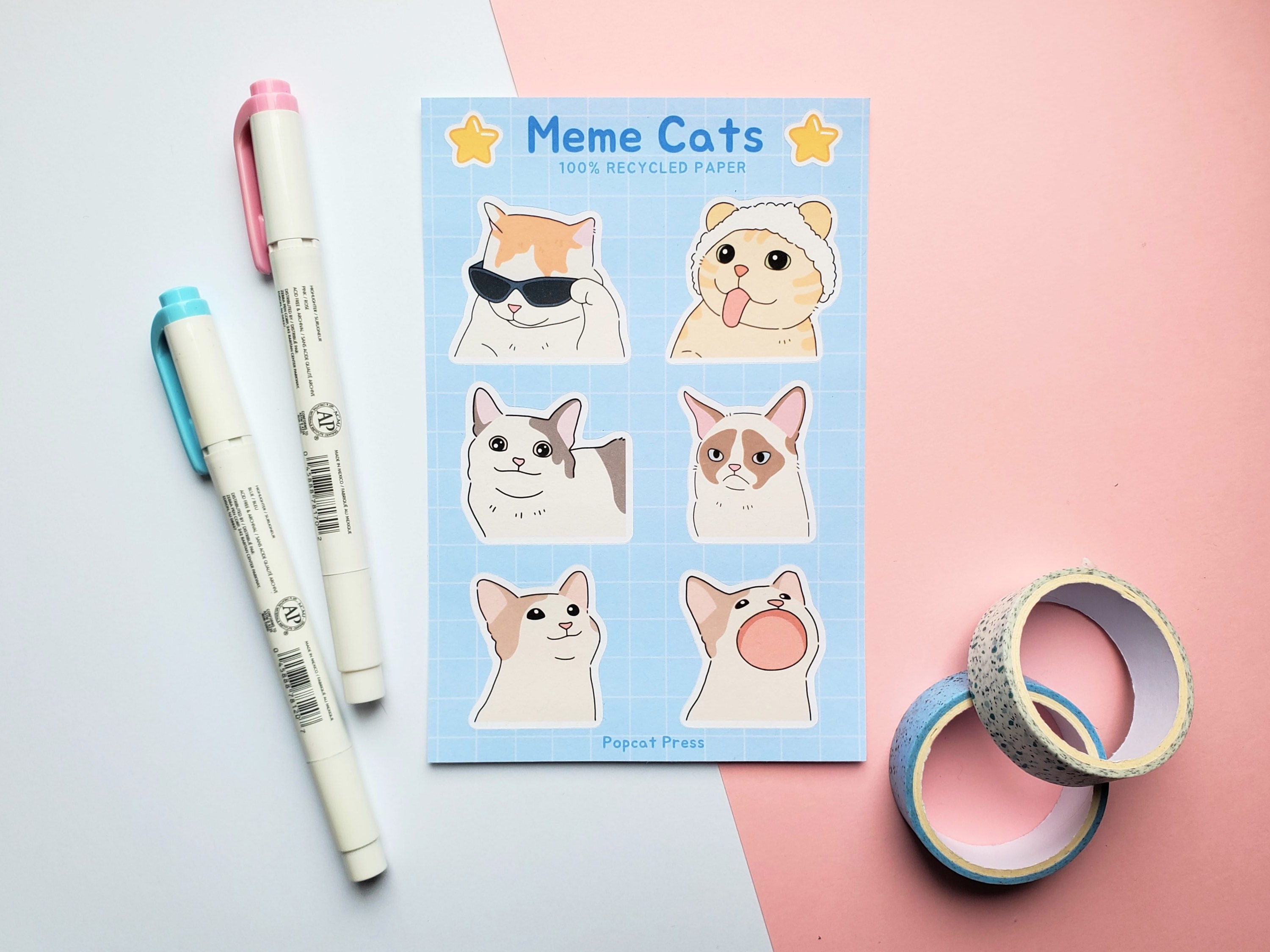 Pop Cat Sticker Sheet Cute Cat Meme Funny Stationery Eco 