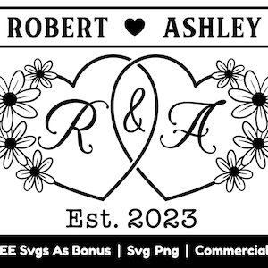 Nombre personalizado Marco de corazón decorativo Svg Archivos Png, Est 2023 Svg, Regalo de boda Svg, Corazones Svg, Regalo para pareja Svg, Pareja Camiseta Diseño Svg