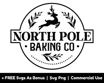 May include: Black and white logo design for a bakery called "North Pole Baking Co.". The logo features a stylized reindeer with antlers and a wreath of holly leaves.