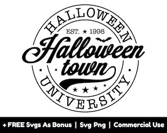 May include: Black and white graphic design of a circular stamp with the text "Halloween University" and "EST. 1998" inside. The text "Halloween town" is in a stylized font.