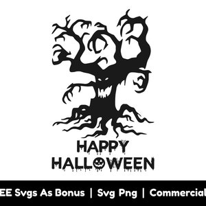 Könnte beinhalten: Schwarz-weiße Silhouette eines gruseligen Baumes mit einem Kürbisgesicht. Der Text "Happy Halloween" befindet sich unter dem Baum mit tropfenden Farbeffekten.