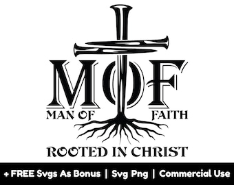 May include: Black and white graphic design of a cross with roots, with the text "MOF Man of Faith Rooted in Christ".