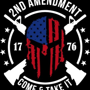 May include: A white circle with the words "2ND AMENDMENT" around the outside. Inside the circle is a Spartan helmet with the American flag design. The helmet is red, white, and blue. Below the circle is the text "COME & TAKE IT" in white.