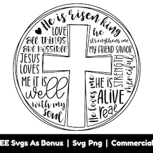 May include: Black and white graphic design of a cross with the words "He is risen king" and other religious phrases surrounding it.