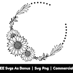 Belle couronne de tournesol monogramme fichiers Svg Png, Floral cadre Svg, Saint Valentin Svg, tournesol Floral frontière Svg, mariage cadre Svg