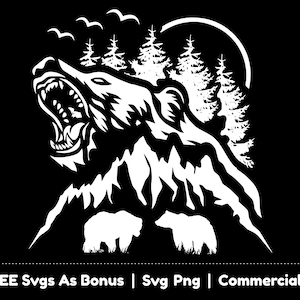 Wild Bear Svg Png Files, Wilderness Svg, Bear Lover Tshirt Design Svg, Bear Silhouette Svg, Grizzly Bear Svg, Trees Svg, Clipart Image Svg