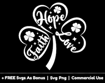 May include: White silhouette of a shamrock with the words "Hope", "Faith", and "Love" inside each leaf.  There are small shamrock and star shapes throughout the design.
