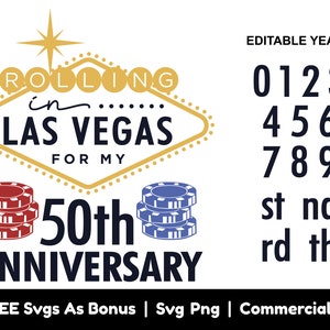 50周年ラスベガス記念TシャツSVG PNGファイル、ラスベガスで過ごす私の旅、編集可能なカスタム年、面白い50周年記念、カジノゲームSVG