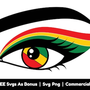 May include: A stylised eye with a black lash and a rainbow-coloured eyeshadow design. The iris is a circle with the colours of the Lithuanian flag: yellow, green and red.