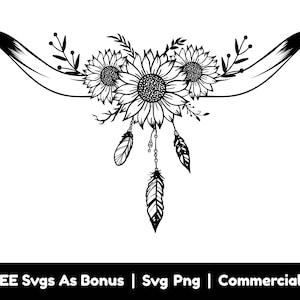 Cornes de taureau et tournesols SVG Png fichiers, Boho Design SVG, cornes de vache SVG, plumes SVG ferme décoration fichier SVG